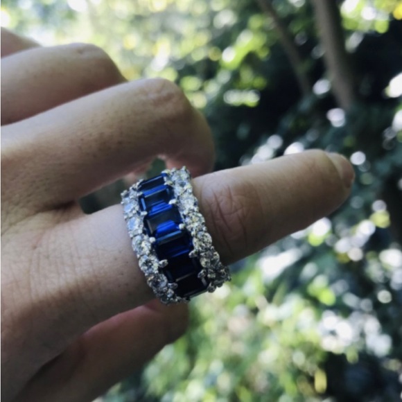 Italo Blue Sapphire Eternity Wedding Band For Women Anniversary Ring - Picture 8 of 11